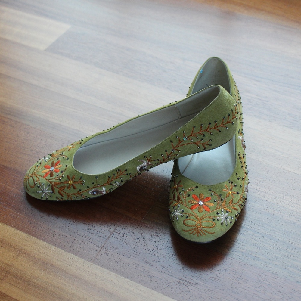 Chartreuse Embroidered Beaded Flats